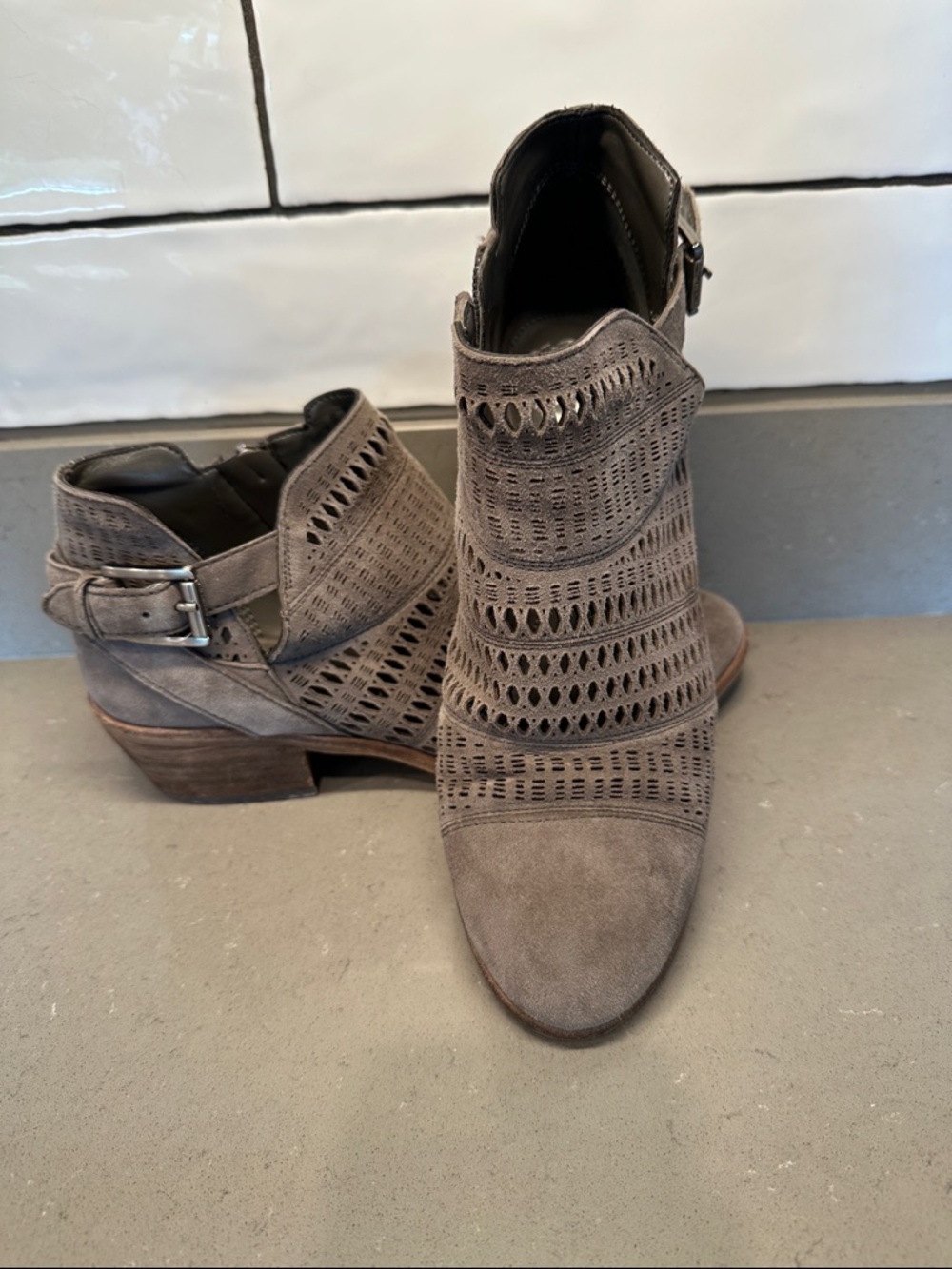 Vince Camuto Taupe Suede Laser-Cut Ankle Booties